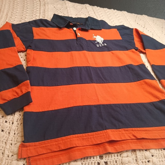 U.S. Polo Assn LS Polo Boys XL 14/16 Striped Blue Orange Rugby Pony Stitched #3 - Picture 3 of 11